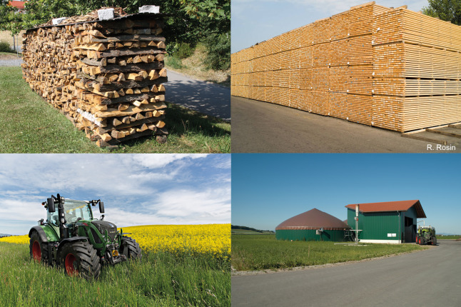 Collage aus Holzstapeln, Biogasanlage und einem Traktor