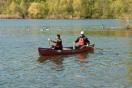 Zwei Personen in einem Kanu entfernen sich auf einem Baggersee von einer Insel, auf der sie gerade Gelege behandelt haben. Im Hintergrund schwimmen einige Kanadagänse.