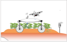 Zeichnung mit Kulturpflanzen, Boden- und Wassersensoren, Drohne und Feldroboter
