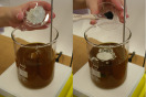 Zu sehen ist die Zudosierung eines pulverförmigen Zuschlagstoffes in ein Becherglas, das Rapsölkraftstoff enthält.