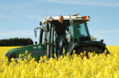 Ein rapsölbetriebener Traktor steht in einem blühenden Rapsfeld