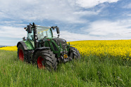 Ein rapsöltauglicher Traktor steht vor einem Rapsfeld