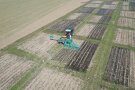 Das Foto zeigt einen rot-weißen Traktor mit einem gelben Parzellengüllefass mit Schleppschlauchverteiler welcher Gärreste auf Versuchsparzellen ausbringt. Die Parzellen sind noch ohne sichtbaren Bewuchs und auf einigen wurde bereits dunkelbrauner Gärrest ausgebracht.