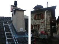 Bild links: Montierter Staubabscheider auf einem Dach. Bild rechts: Ansicht einer Haushälfte mit Staubabscheider.