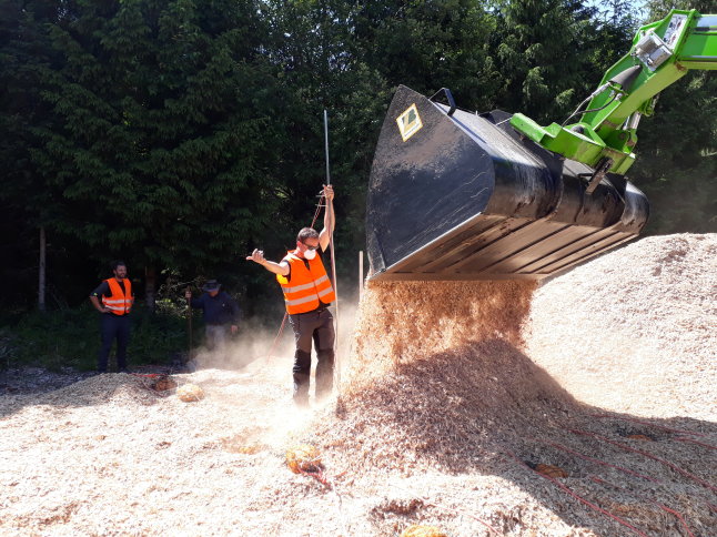 Mann hilft beim Abladeprozess von Holzhackschnitzeln.