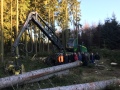 Projektpartner stehen vor einer forstwirtschaftlichen Maschine im Wald