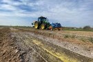 Traktor mit Frontgerät im TFZ-Schaugarten. Mulchmaterial ist im Vordergrund aufgespritzt.